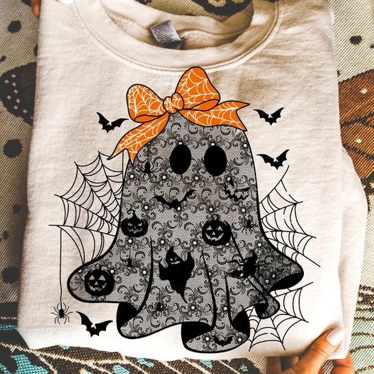 Black Lace Ghost- Orange Bow-Full Color- DTF Transfer-2-5 Business Days