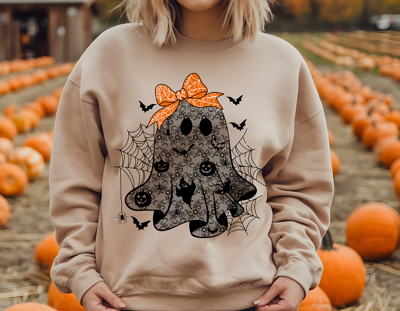 Black Lace Ghost- Orange Bow-Full Color- DTF Transfer-2-5 Business Days
