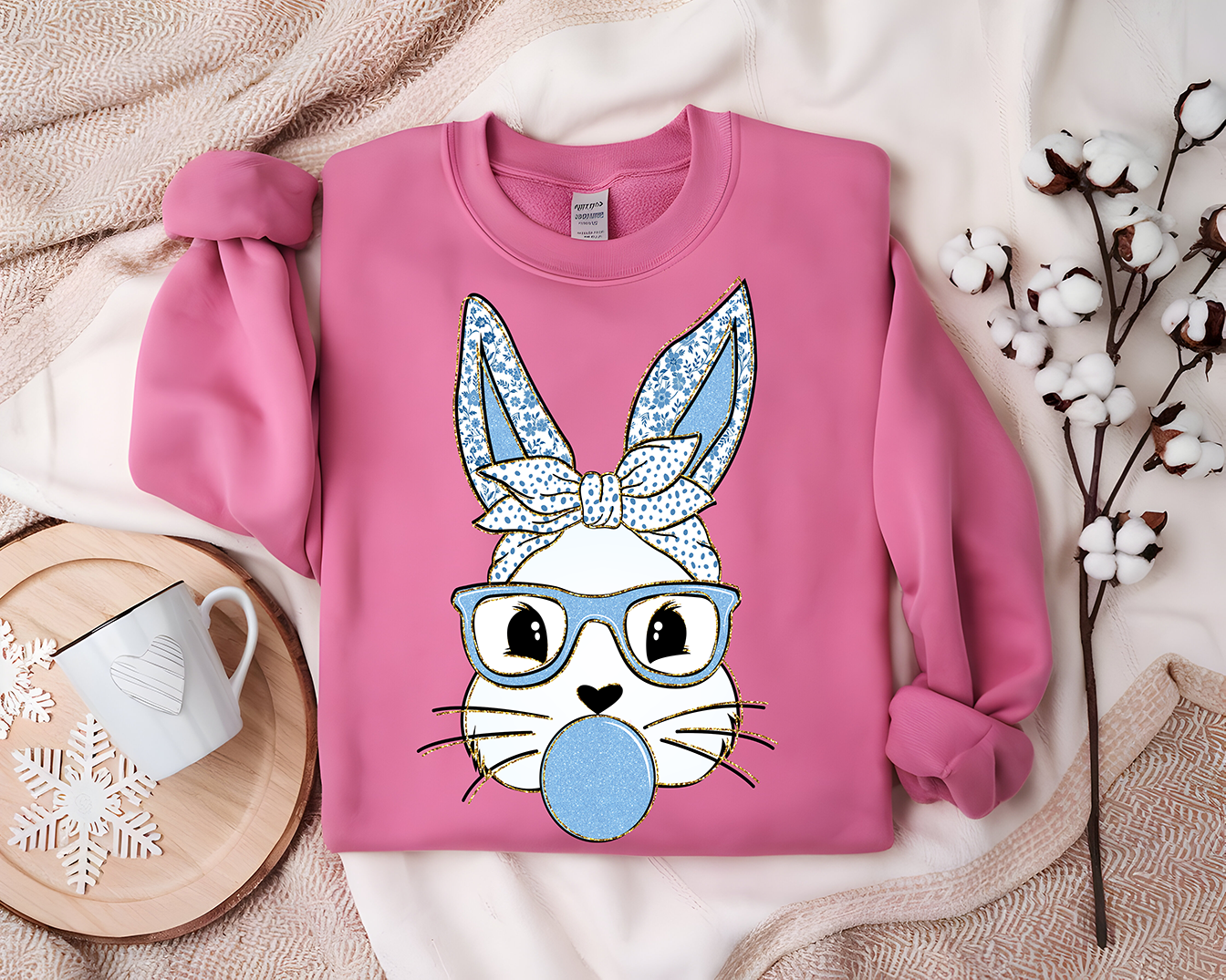 Blue Floral Bubblegum Bunny - DTF TRANSFER