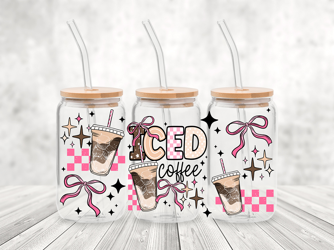 Pink Bow Ice Coffee- 16 oz UVDTF Wrap - RTS