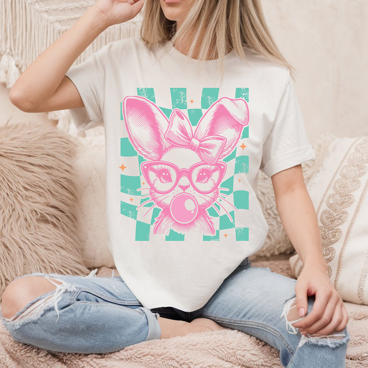 Bubblegum Bunny Checkered - DTF TRANSFER