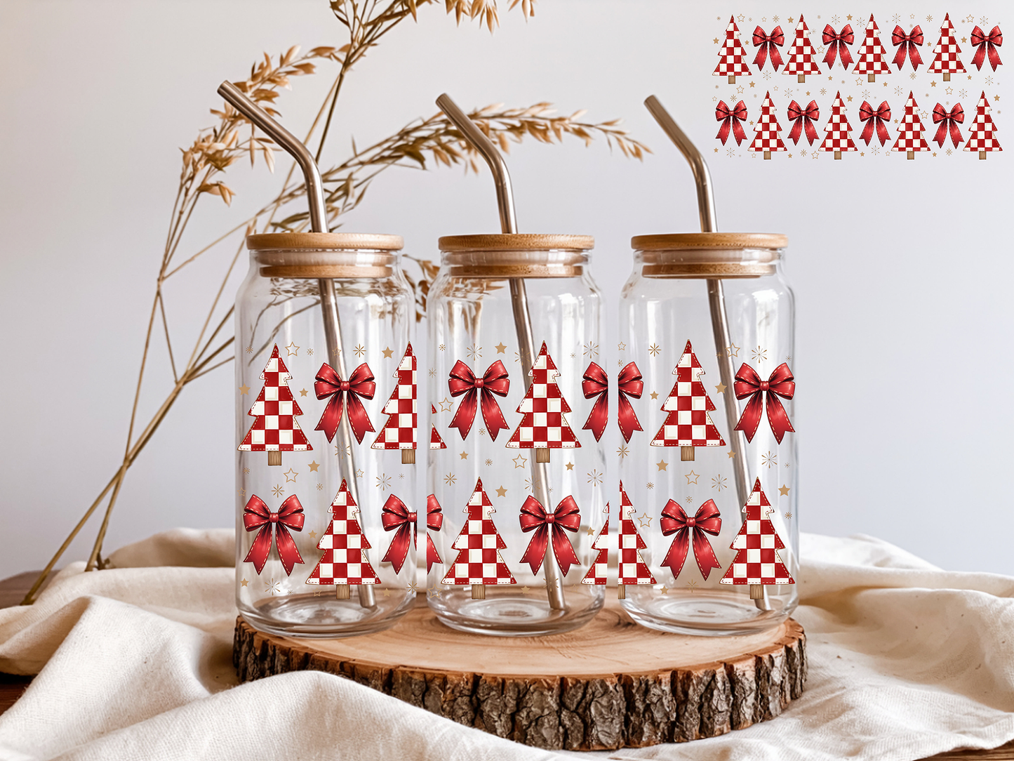 Checkered Christmas Trees-16 oz UVDTF Wrap -RTS