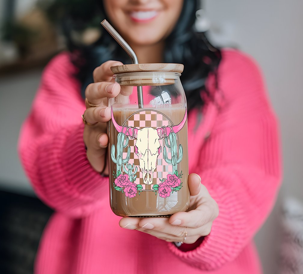 Checkered Cowgirl Skull - UV Sticker