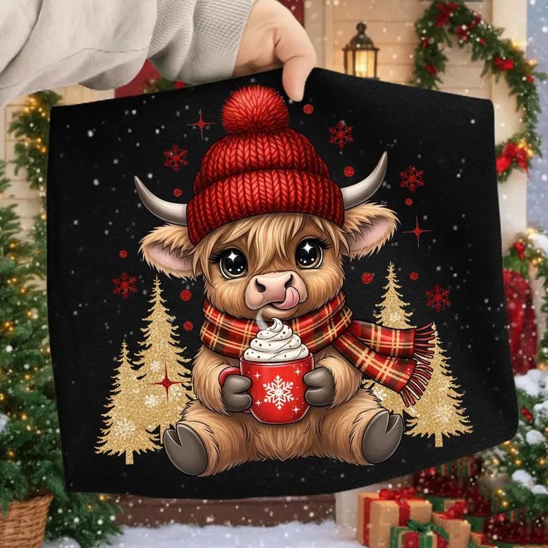 Christmas Highland Cow - Full Color DTF Transfer - RTS#58