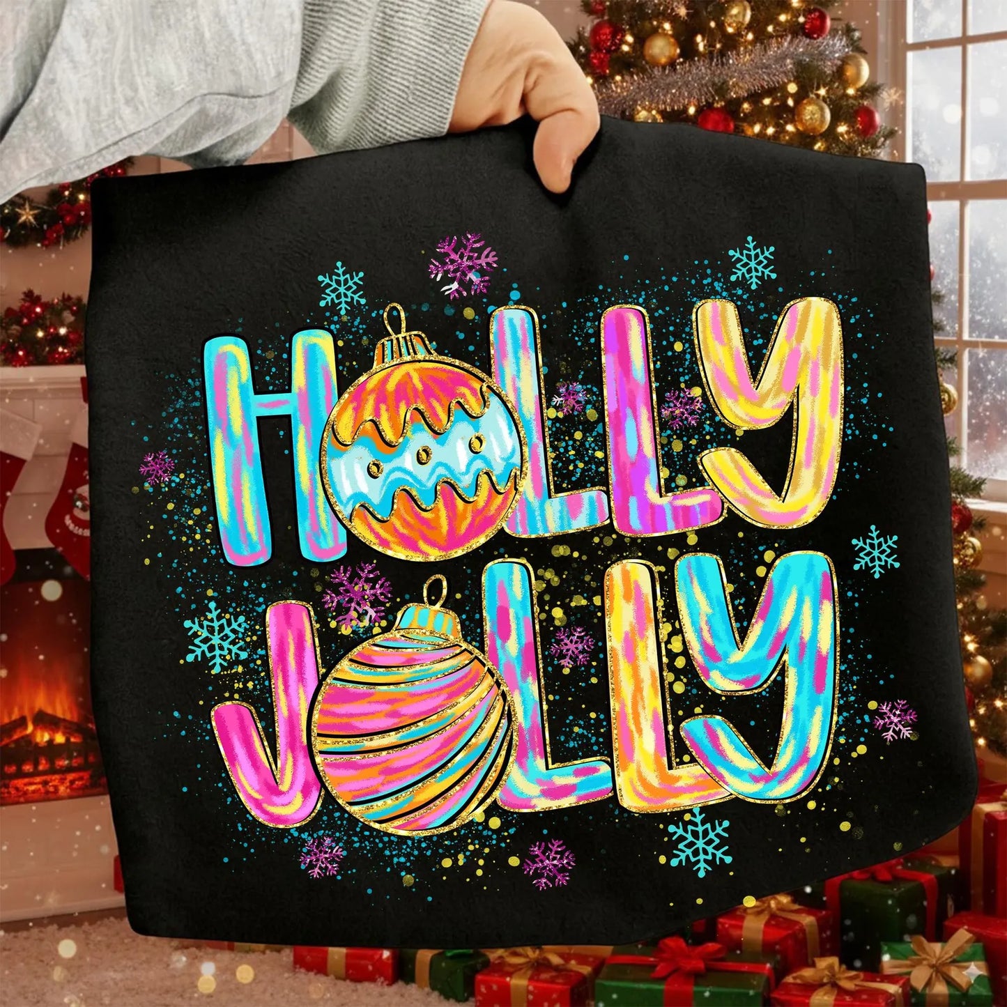 Colorful Glitter Holly Jolly -Full Color DTF Transfer -2-5 Business Days