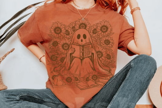Ghost Reading Book Sunflower-Single Color-DTF TRANSFER