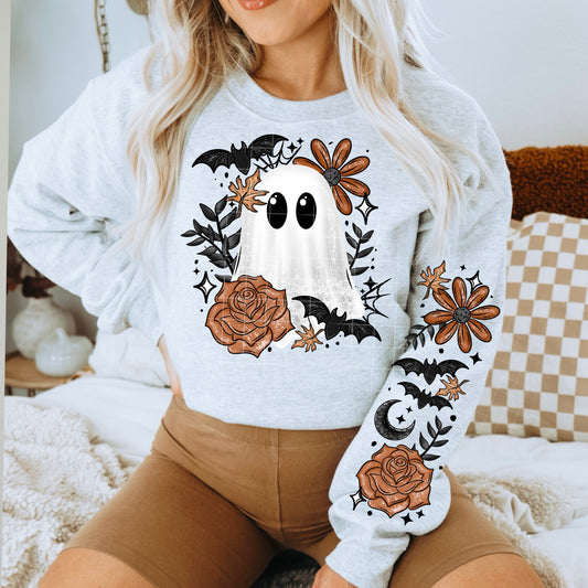 Orange Floral Ghosty - W/ Double Sleeve- Full Color DTF Transfer-2-5 Business Days