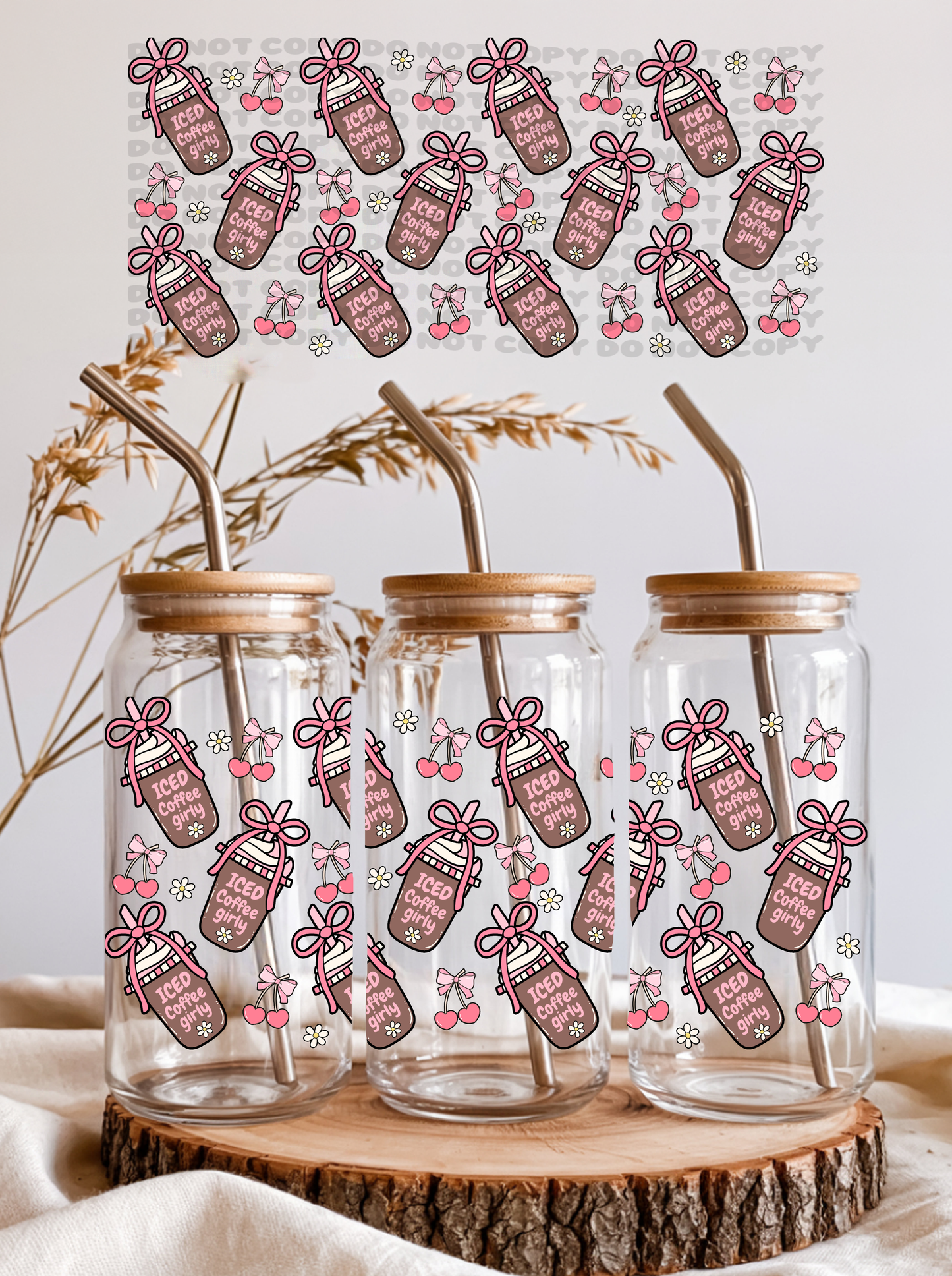 Iced Coffee Girly - 16 oz UV DTF Cup Wrap -RTS