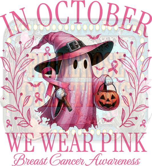 In October We Wear Pink Ghostie w/Pocket-Full Color- DTF Transfer-2-5 Business Days