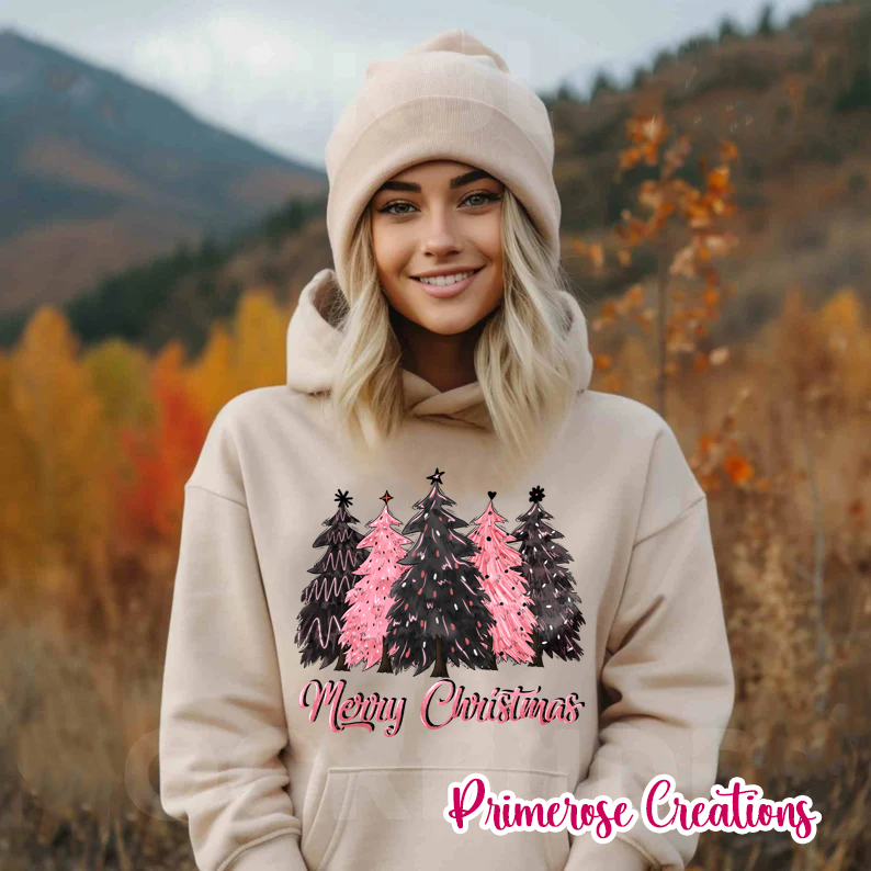 Merry Christmas Pink and Black Trees DTF
