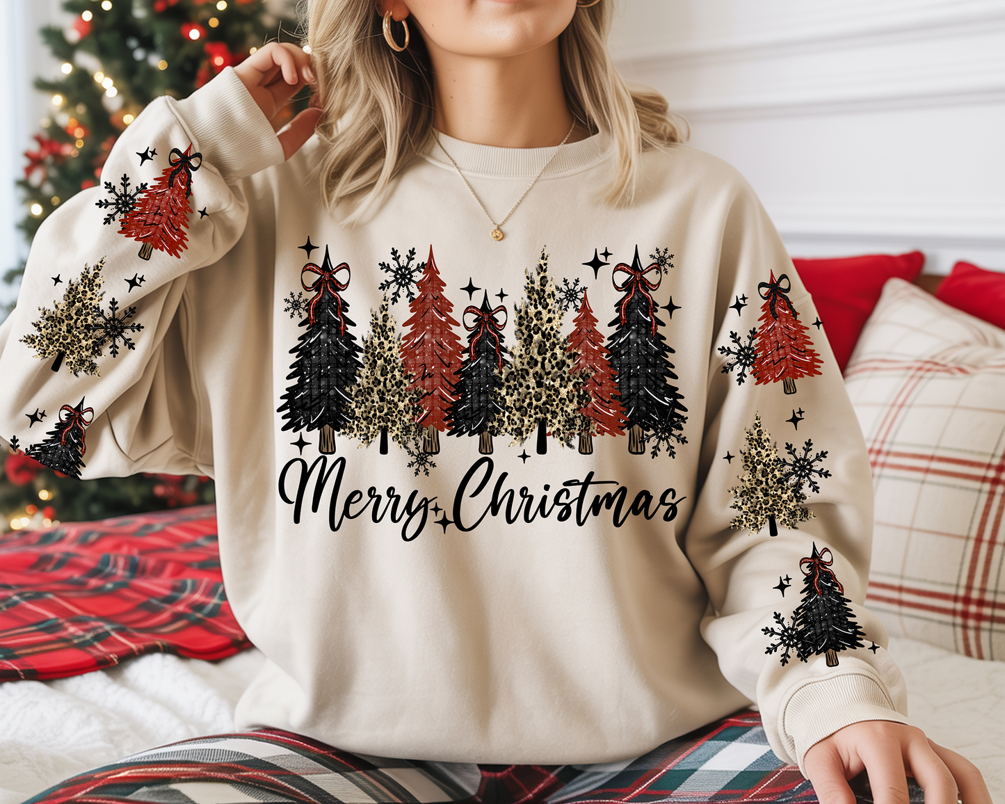 Merry Christmas Trees w/ Double Sleeves- Full Color- DTF TRANSFER-RTS#1