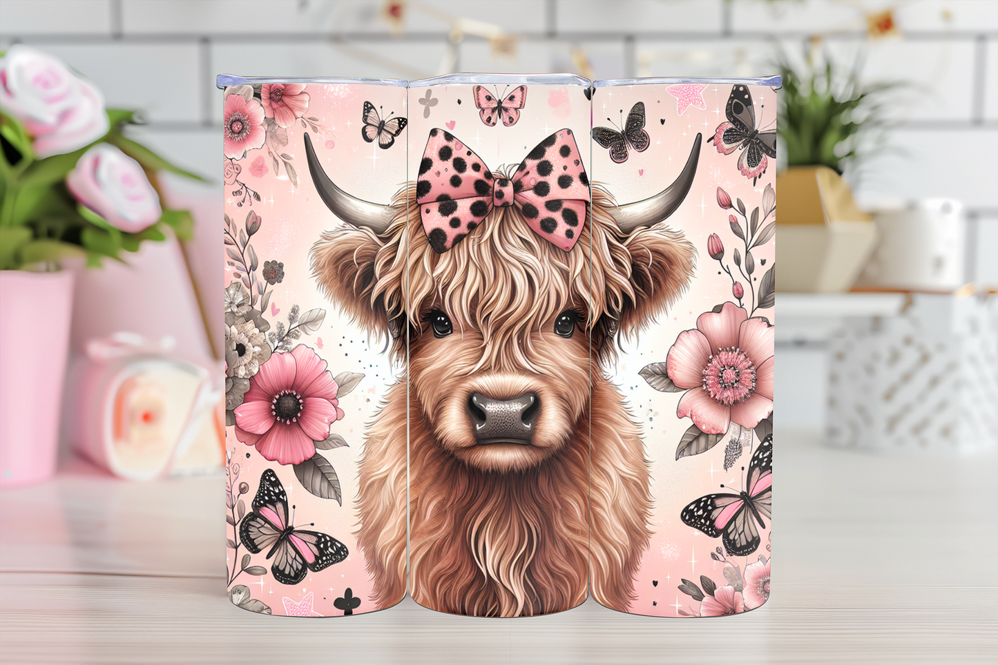 Pink Leopard Floral Highland Cow - 20oz Sublimation