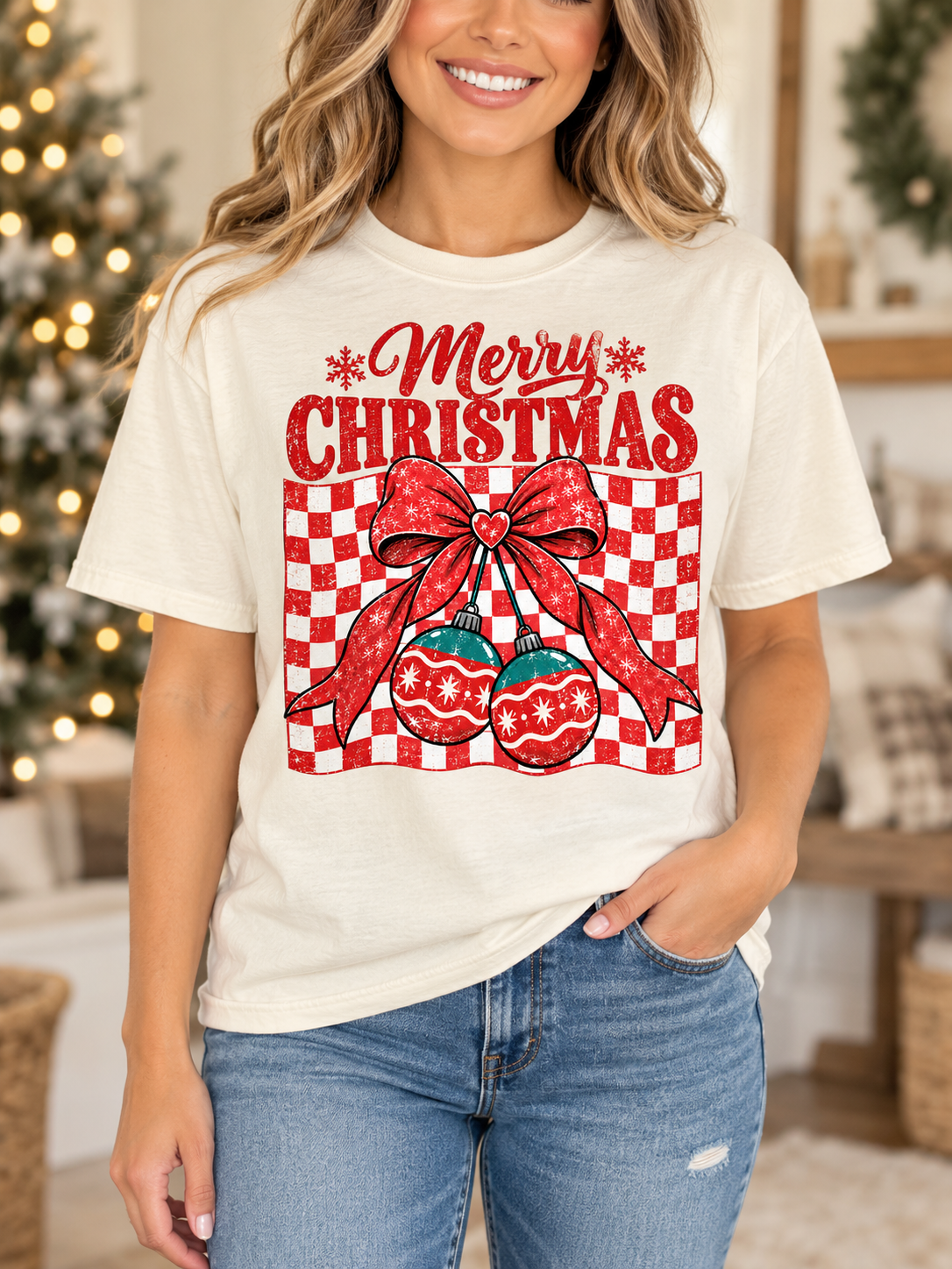 Plaid Christmas Bow Ornament - Full Color DTF TRANSFER
