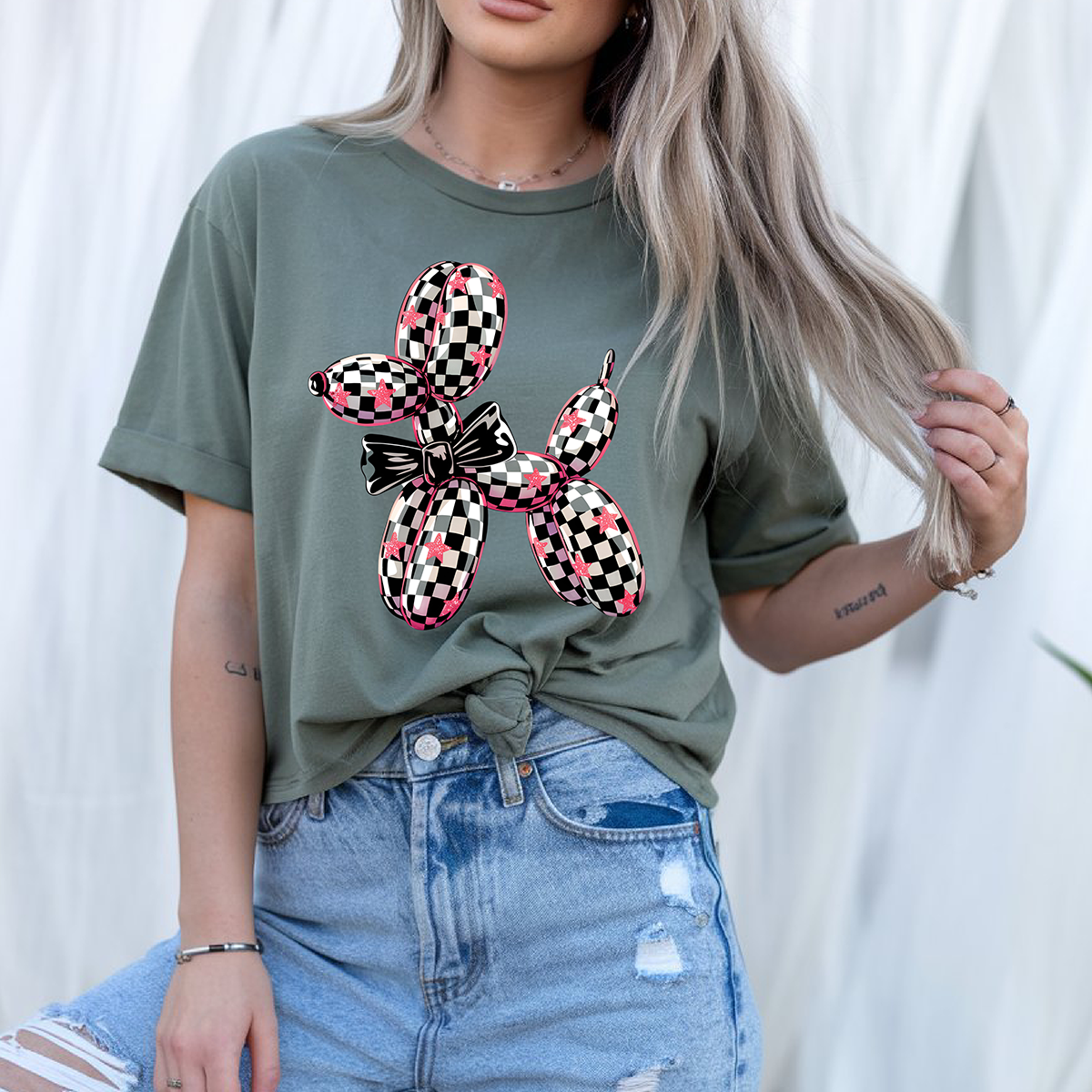 Preppy Checkered Ballon Dog- Full Color DTF Transfer