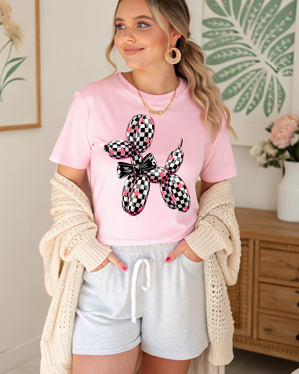 Preppy Checkered Ballon Dog- Full Color DTF Transfer
