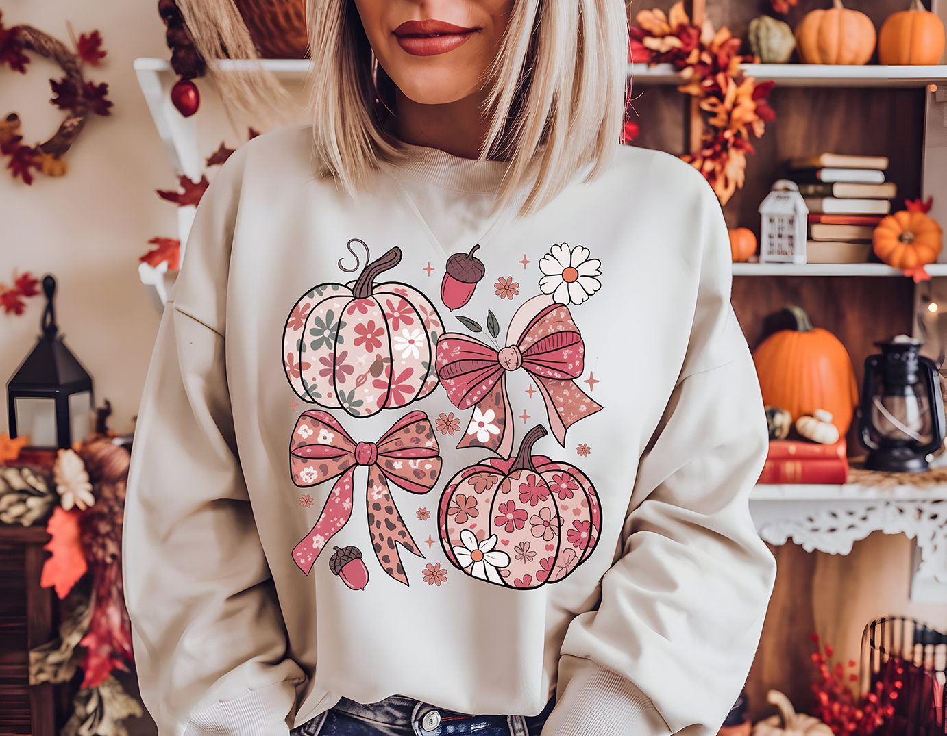 Preppy Floral Fall Pumpkins - Full Color DTF Transfer - RTS #12