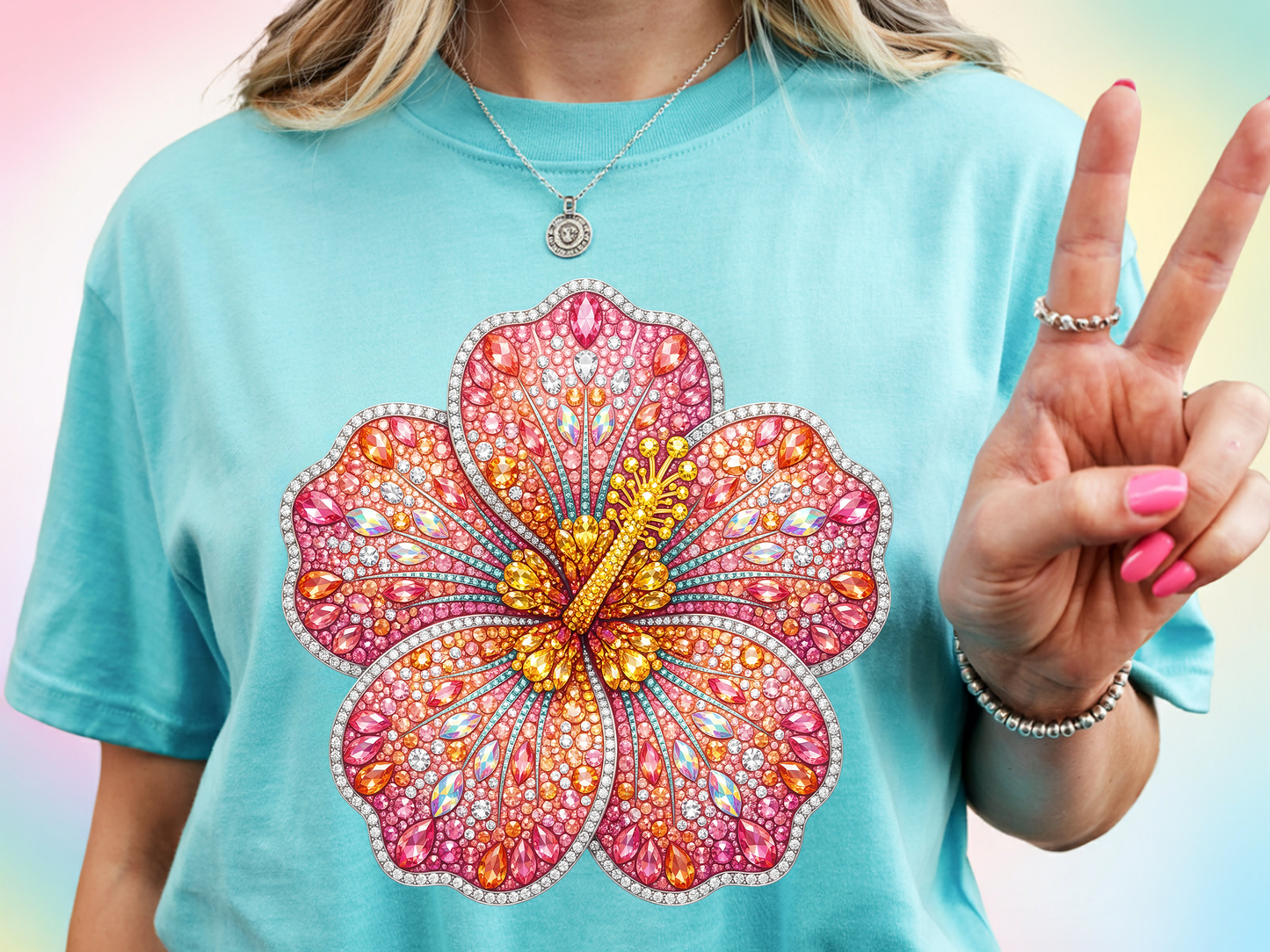 Rhinestone Hibiscus - Full Color - DTF Transfer - WHOLESALE