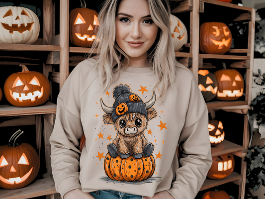 Spooky Pumpkin Highland Cow - Full Color DTF Transfer