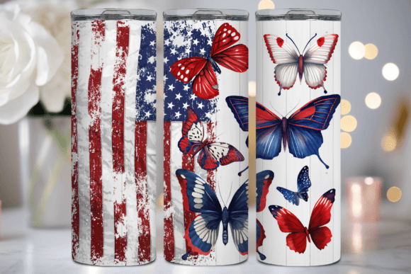 Usa Flag and Butterflies - 20oz TUMBLER WRAP