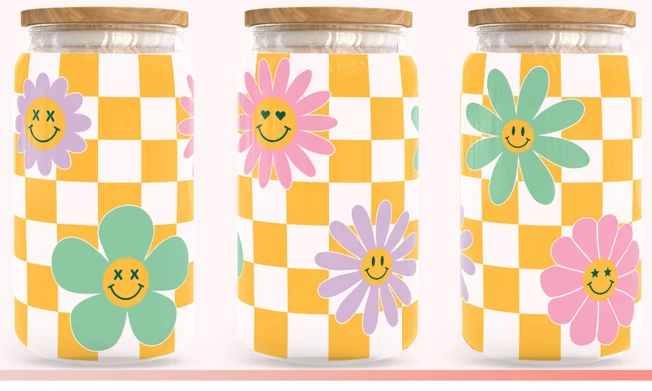 YELLOW CHECKERED SMILES - UV DTF PRINT