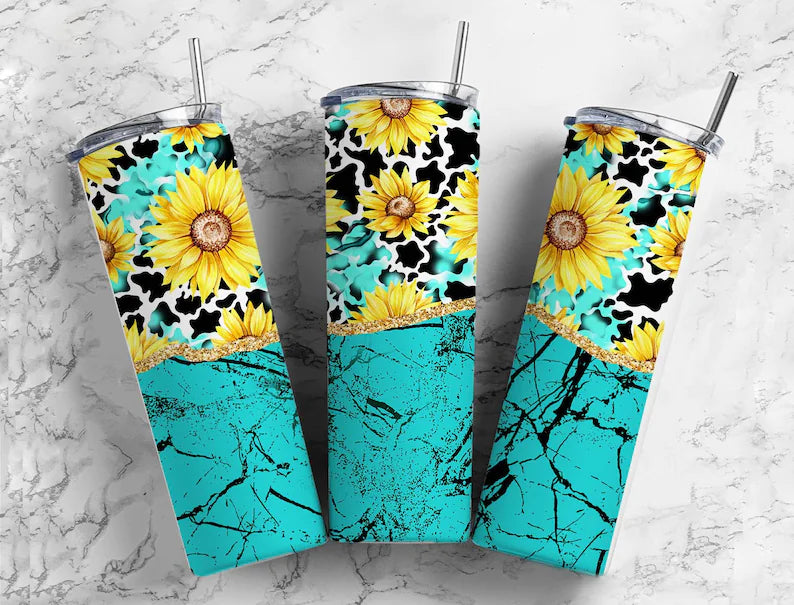 Sunflower and Marble Turquoise Tumbler Wrap