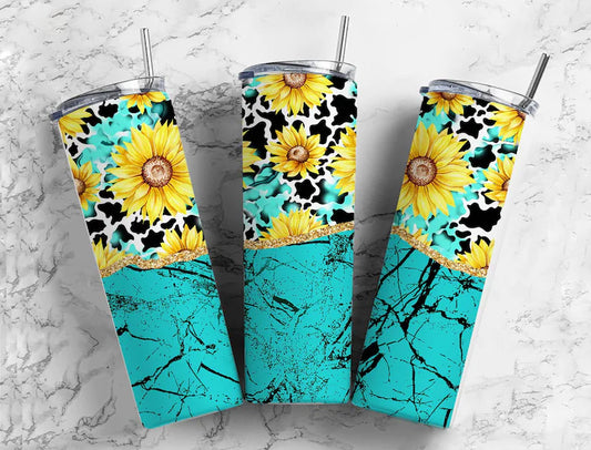 Sunflower and Marble Turquoise Tumbler Wrap
