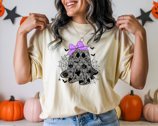 Black Lace Ghostie with Purple Bow- Full Color DTF Transfer - RTS-#8