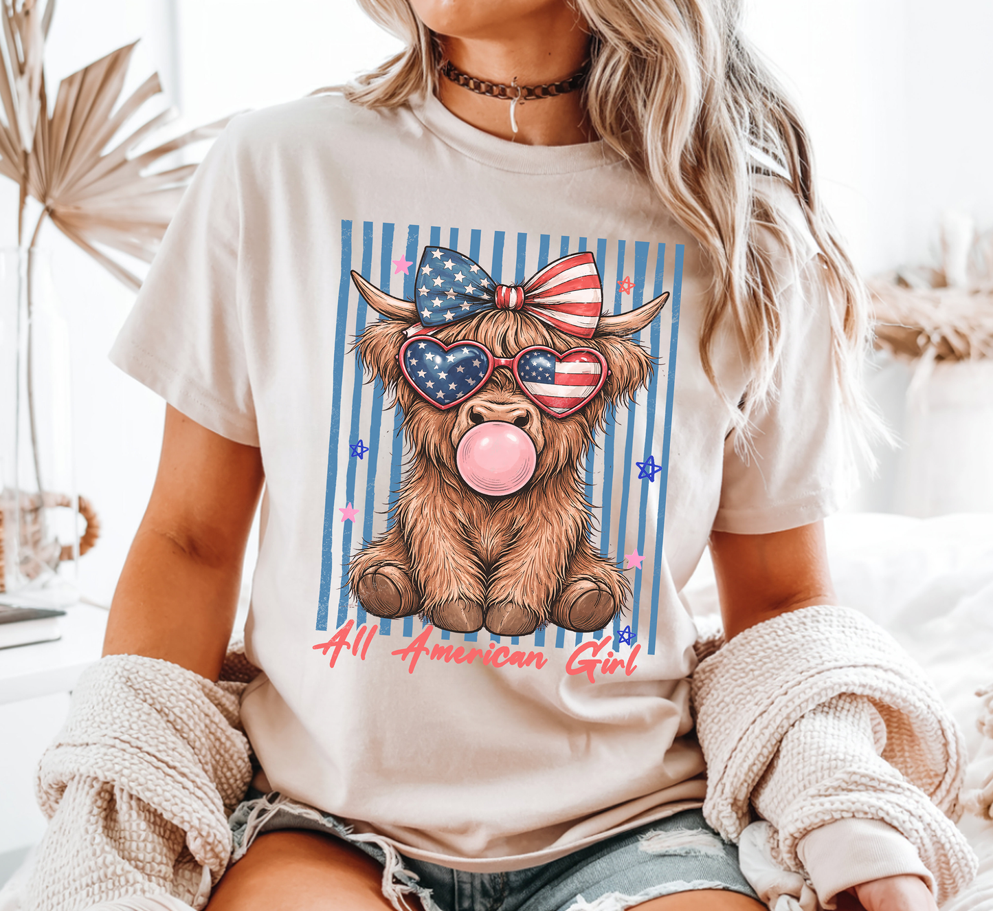 All American Girl Highland Cow - Full Color - DTF Transfer - Flash Grab Friday