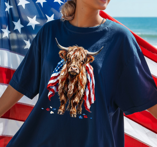 America Highland Cow - Full Color - DTF Transfer - 2-5 Business Days