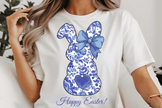 Blue Floral Bunny - DTF TRANSFER - PREORDER