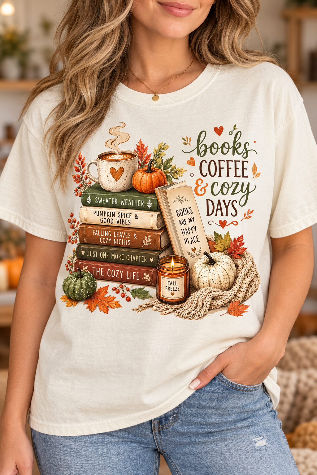 Books Coffee and Cozy Days- Full Color - DTF Transfer - 2 to 5 business days