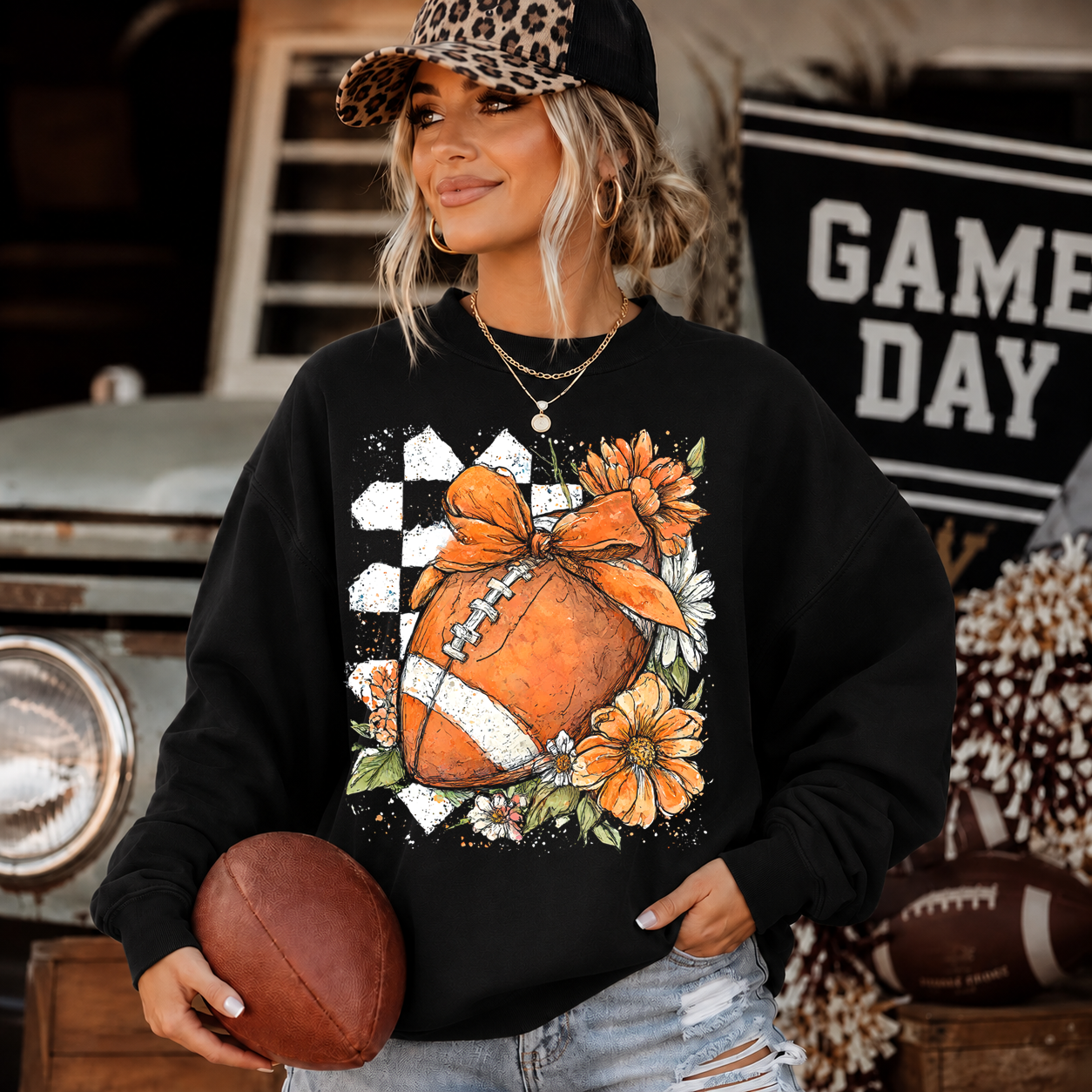 Checker Floral Football - Full Color DTF Transfer - Grab It Tuesday