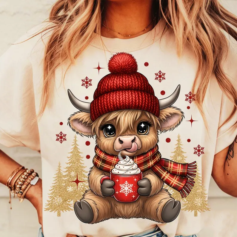 Christmas Highland Cow - Full Color DTF Transfer - RTS#58