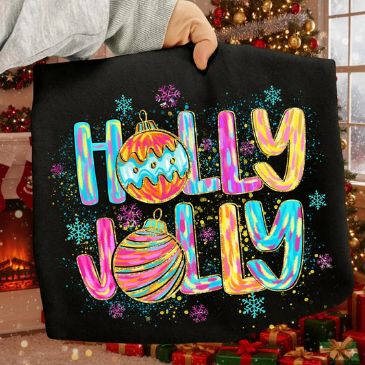 Colorful Glitter Holly Jolly -Full Color DTF Transfer -2-5 Business Days