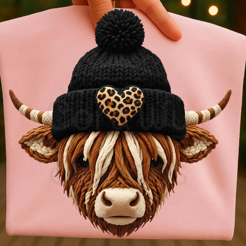 Faux yarn Highland Cow- Full Color DTF Transfer -RTS#30