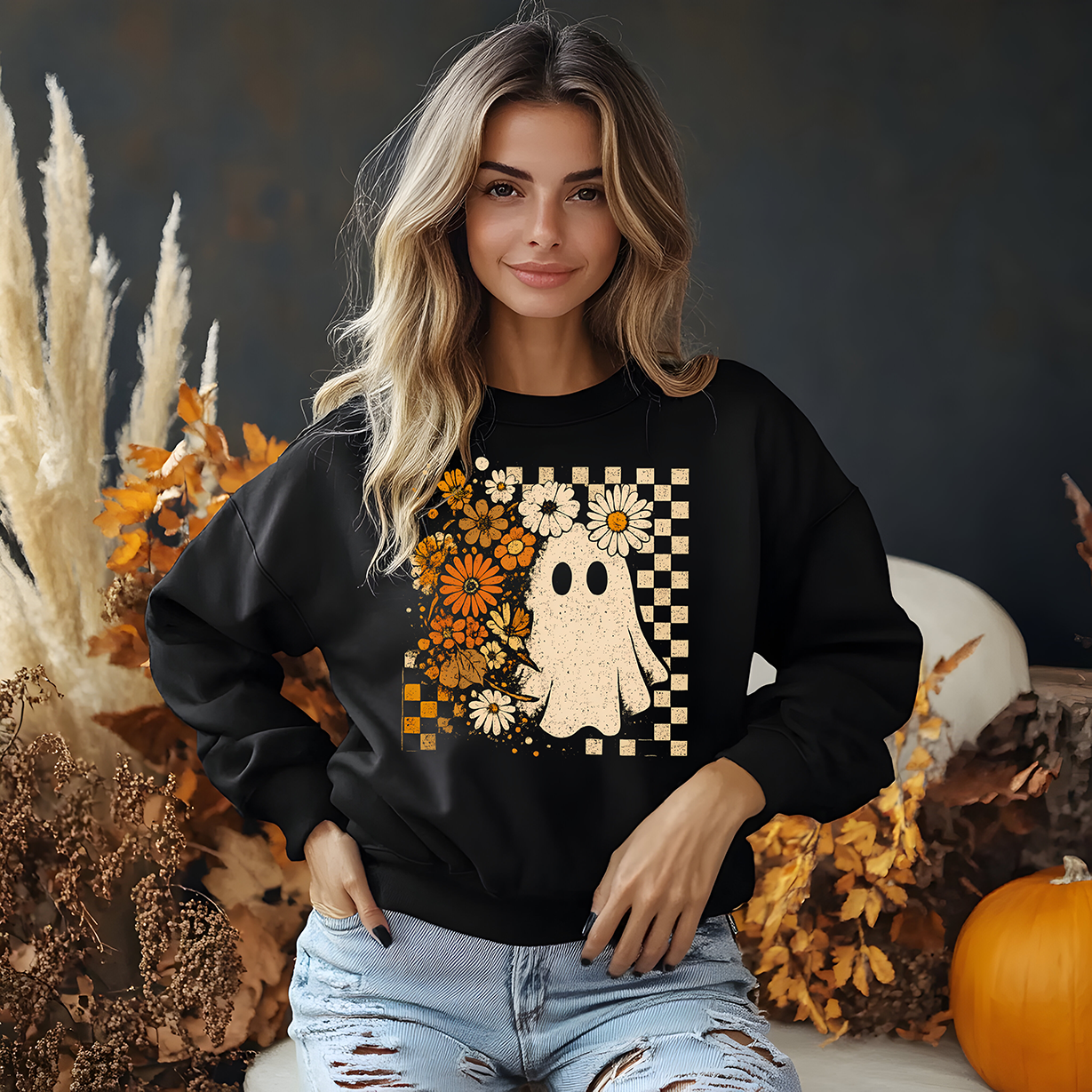 Floral Checker Ghostie - Full Color DTF Transfer-2-5 Business Days