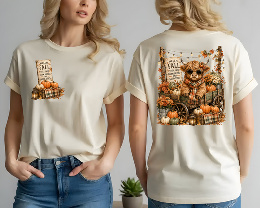 Hello Fall Highland Cow w/ Pocket - Full Color DTF TRANSFER - WHOLESALE