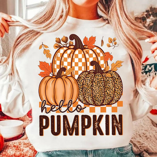 Hello Pumpkin Checker - Full Color DTF Transfer - Friday New Releases