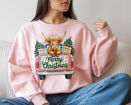 Highland Cow Pink Truck Christmas-Full Color-DTF TRANSFER- WHOLESALE
