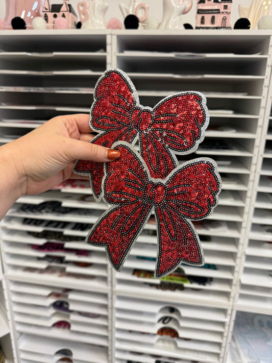 Red and Silver Bow - SET OF 2 - 5.5" - Sequin Patch - RTS
