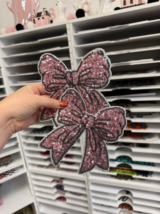Light Pink Side Bows - SET OF 2 - 5.5" - Sequin Patch - RTS