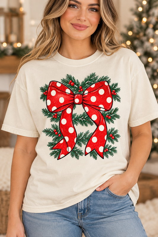 Christmas Polka Dot Bow - DTF Transfer - 2 to 5 business days