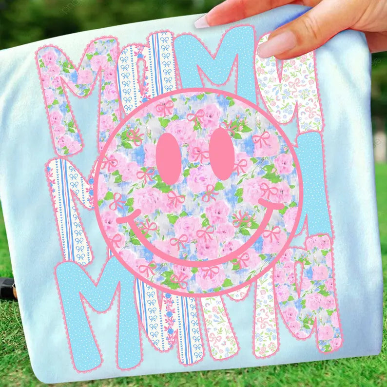 Preppy Repeat Smiley Mama - Full Color - DTF Transfer - 2-5 Business Days