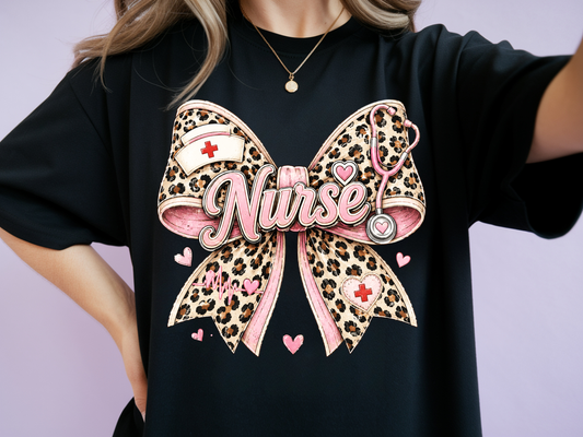 Preppy Leopard Nurse Bow - Full Color DTF TRANSFER - WHOLESALE
