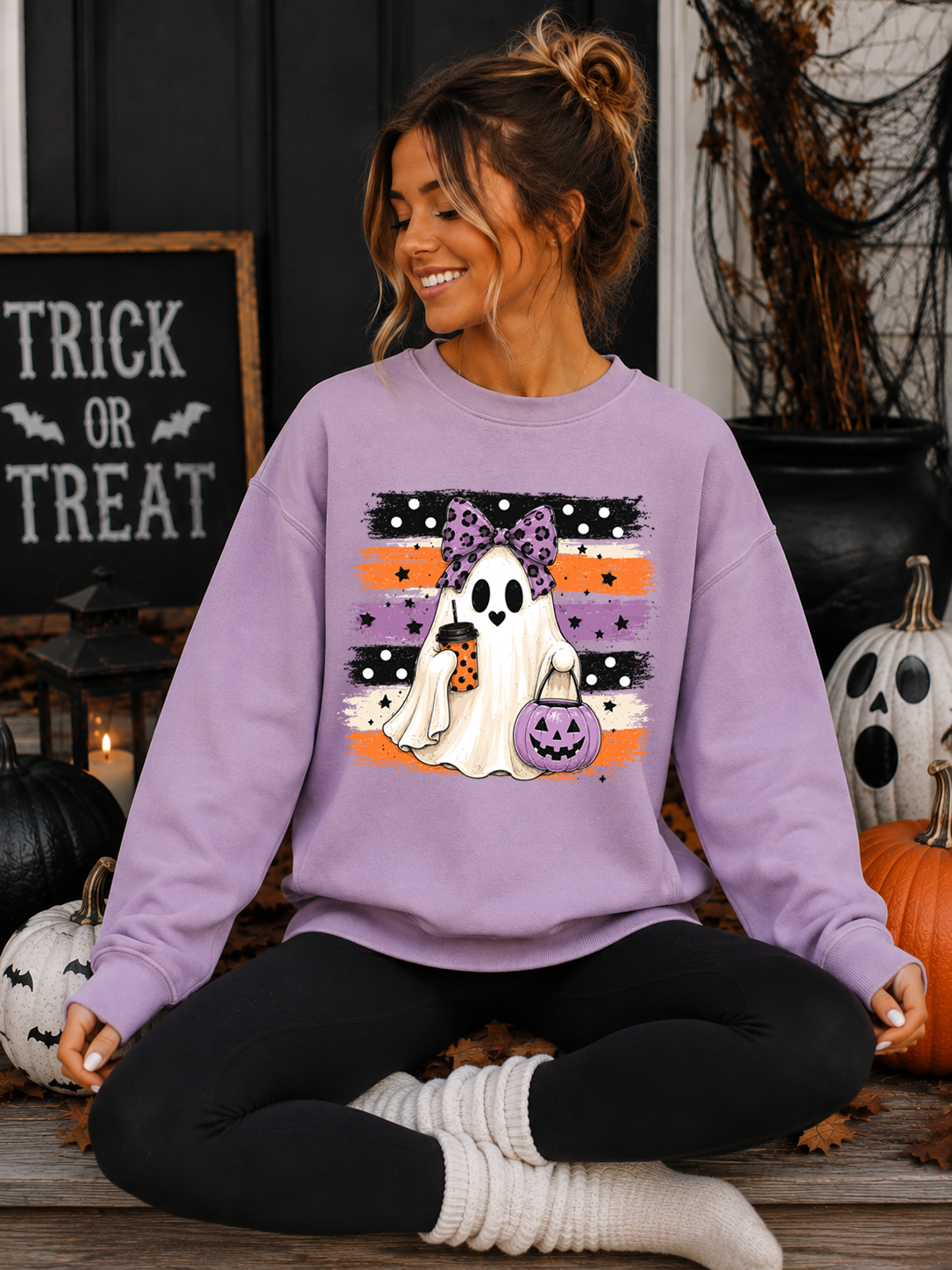 Striped Halloween Dotted Ghost - DTF Transfer - Flash Grab Friday
