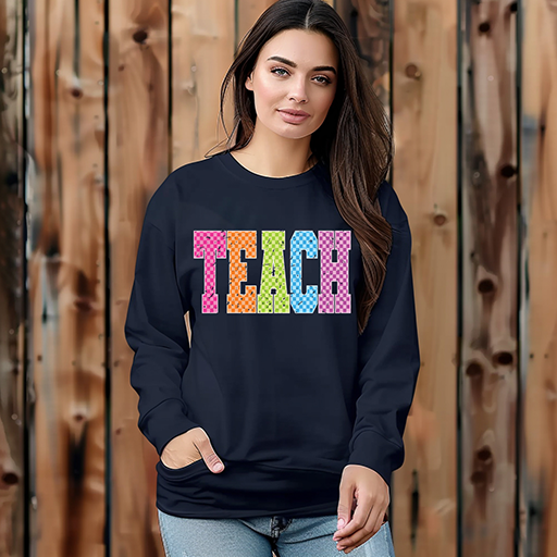 Teach Varsity Neon Checkered Retro- Full Color- DTF TRANSFER