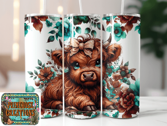 Highland Cow and Floral Tumbler Sublimation Design