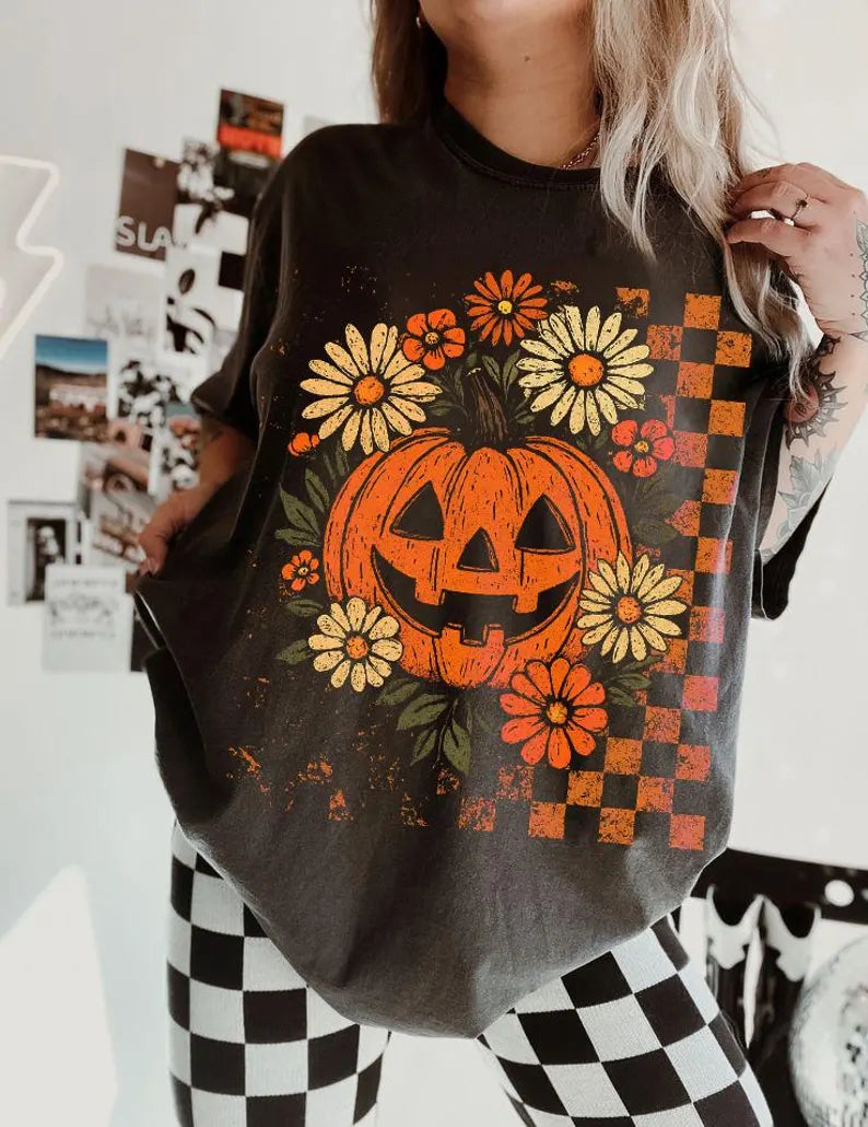 Checker Pumpkin Floral - Full Color DTF Transfer-2-5 Business Days