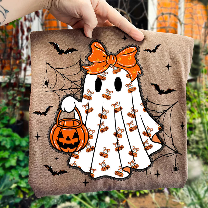 Lace Ghostie W Pumpkins -Full Color-DTF Transfers-RTS # 21