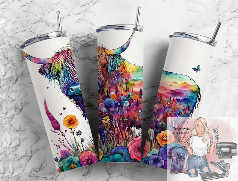 Colorful Highland Cow and White Tumbler Wrap